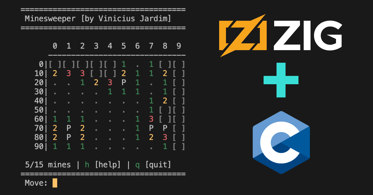 Terminal Minesweeper game with Zig and C language logos