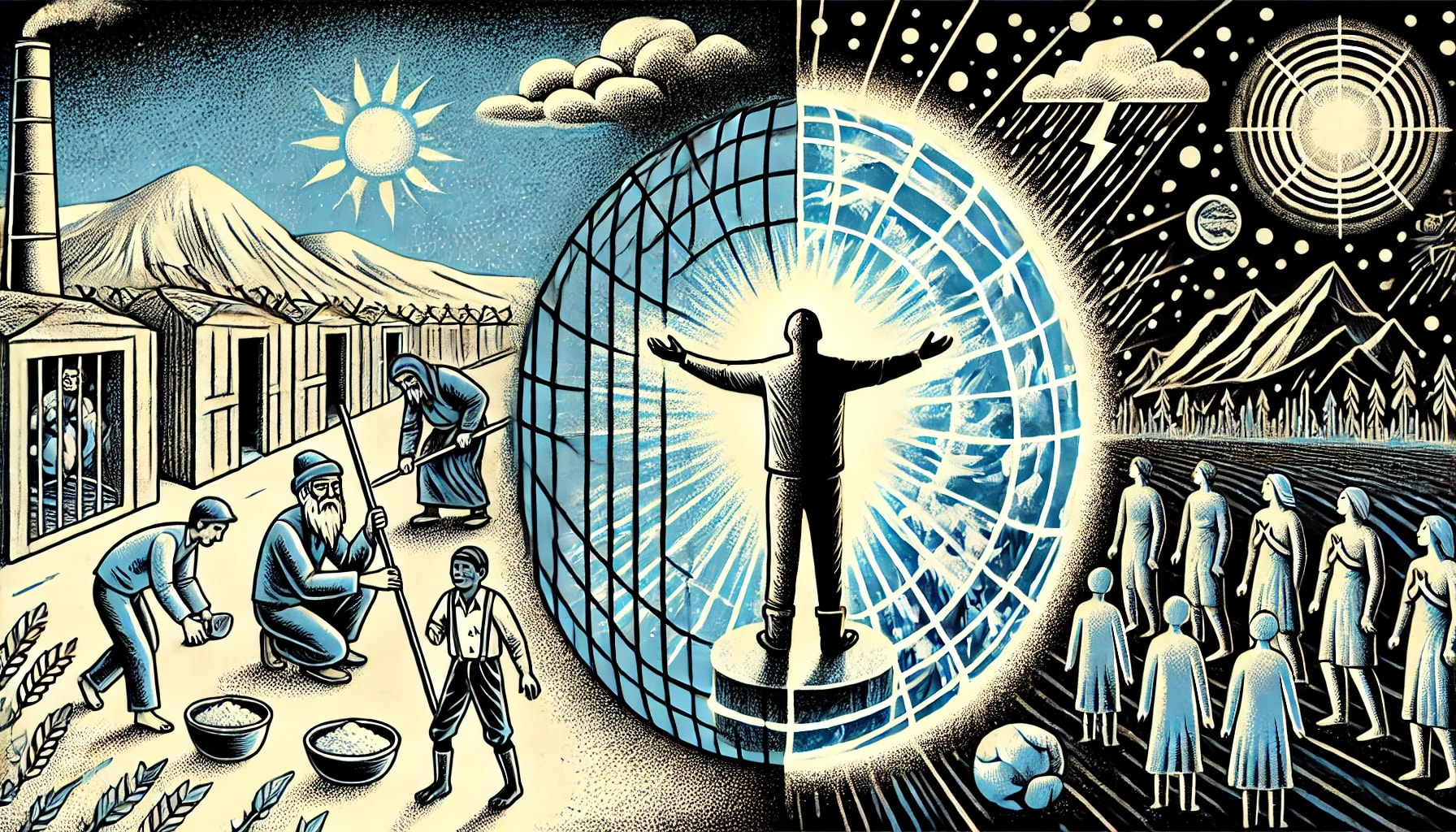 Ilustração em que pessoas trabalham a esquerda e outras contemplam a paisagem a direita