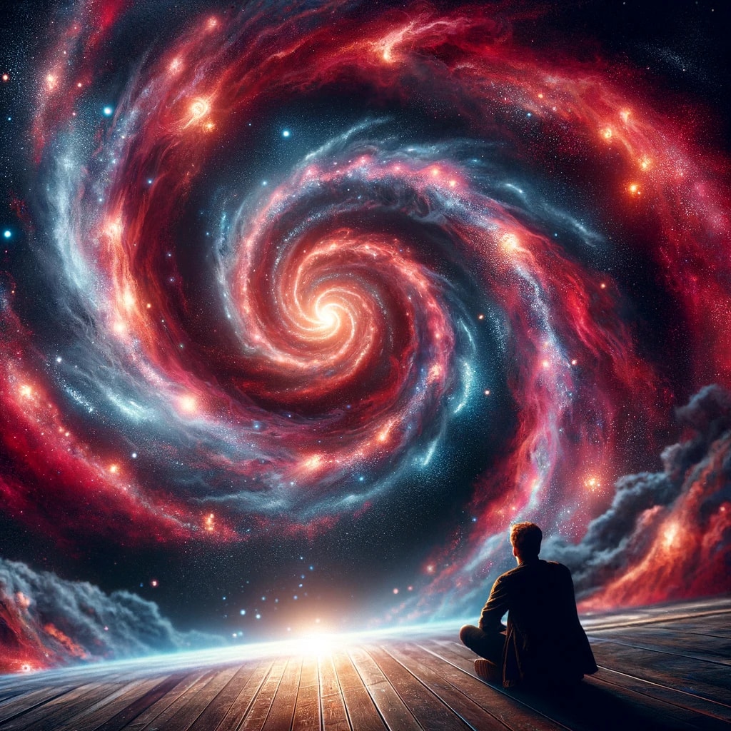 Homem observando uma grande e exuberante galáxia espiral em tons de vermelho